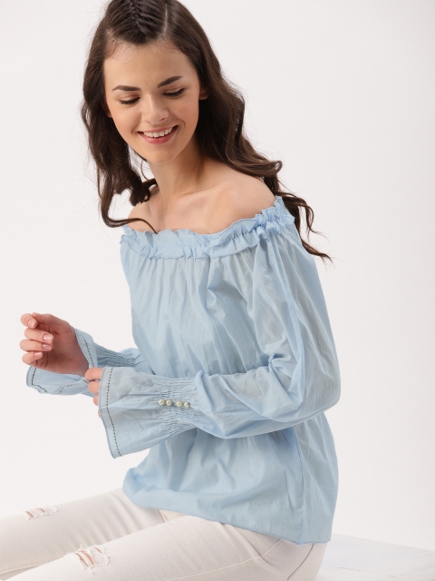 

DressBerry Women Blue Solid Cinched Waist Pure Cotton Top