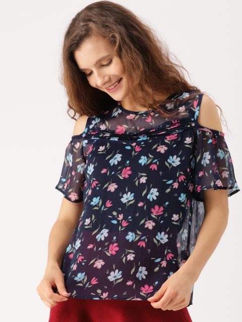 

DressBerry Women Navy Blue Printed Sheer Top
