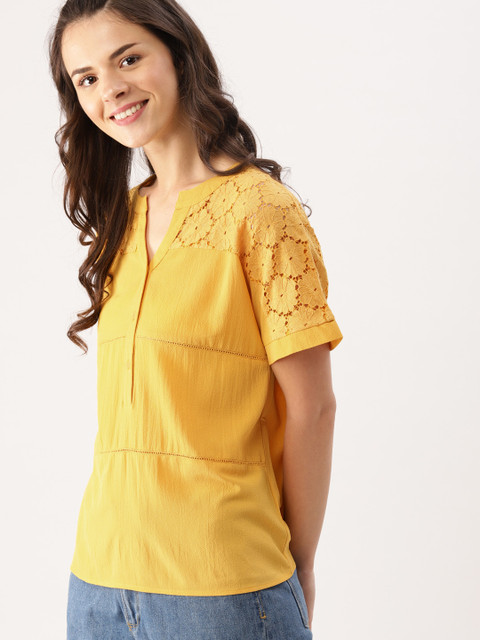 

DressBerry Women Mustard Yellow Solid Top