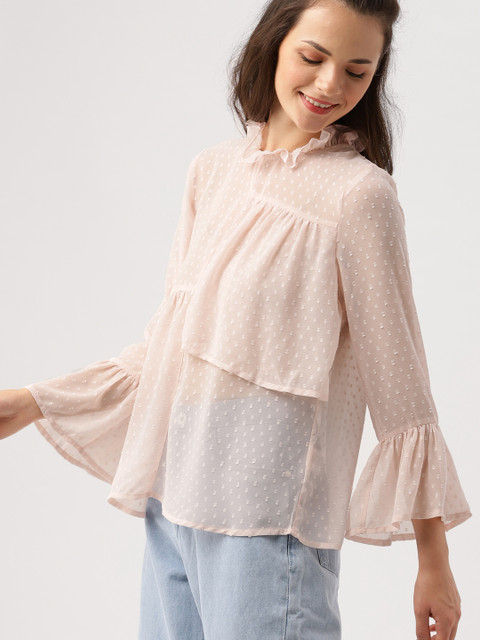 

DressBerry Women Pink Self Design Semi-Sheer Top