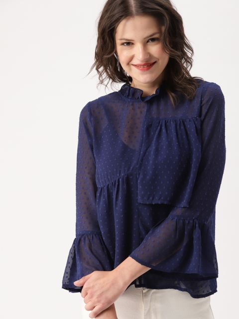 

DressBerry Women Navy Blue Self Design Semi-Sheer Top