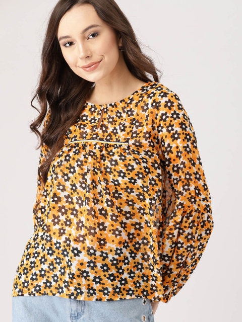 

DressBerry Women Mustard Yellow & Black Printed A-Line Top