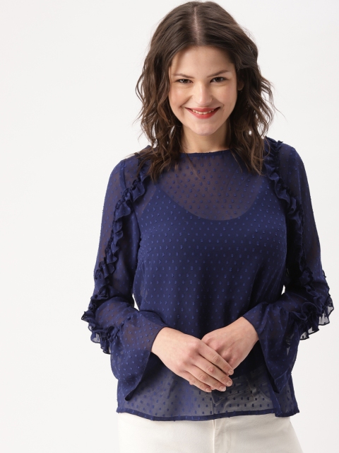 

DressBerry Women Navy Blue Self Design Top