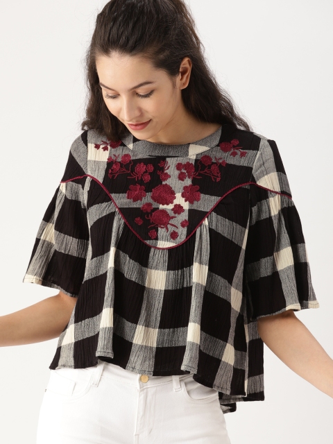 

DressBerry Women Black & Off-white Checked Top