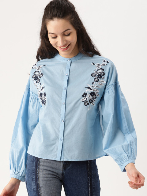 

DressBerry Women Blue Embroidered Shirt Style Top