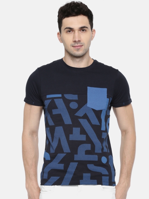

Jack & Jones Men Navy Blue Printed Round Neck T-shirt with Chest Pocket