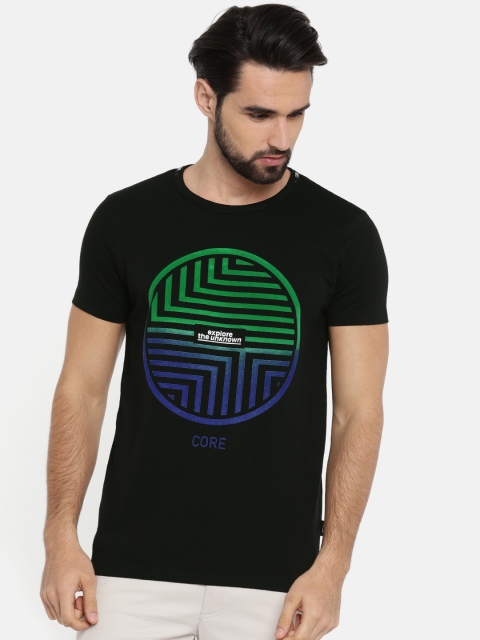 

Jack Jones Men Black Geometric Printed Round Neck Pure Cotton T-shirt