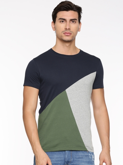 

Jack & Jones Men Navy Blue & Grey Colourblocked Round Neck T-shirt