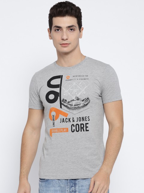 

Jack & Jones Men Grey Melange Printed Round Neck T-shirt