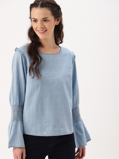 

DressBerry Women Blue Solid Chambray Pure Cotton Top