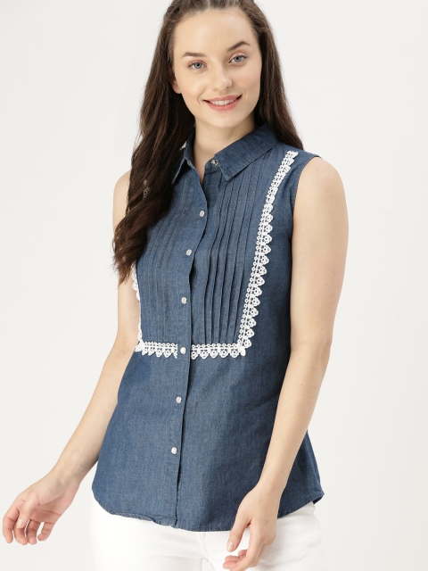 

DressBerry Women Navy Blue Self-Design Pleated Top