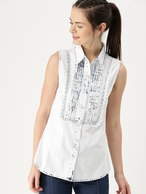 

DressBerry Women White Self-Design Pleated Shirt Style Top