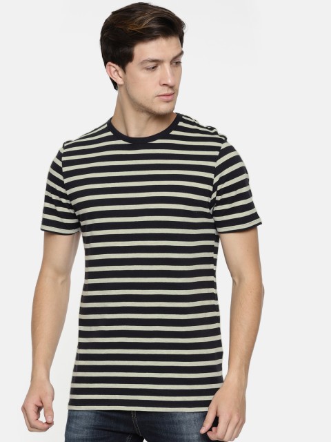 

Jack & Jones Men Navy & Off-White Striped Round Neck T-shirt, Navy blue