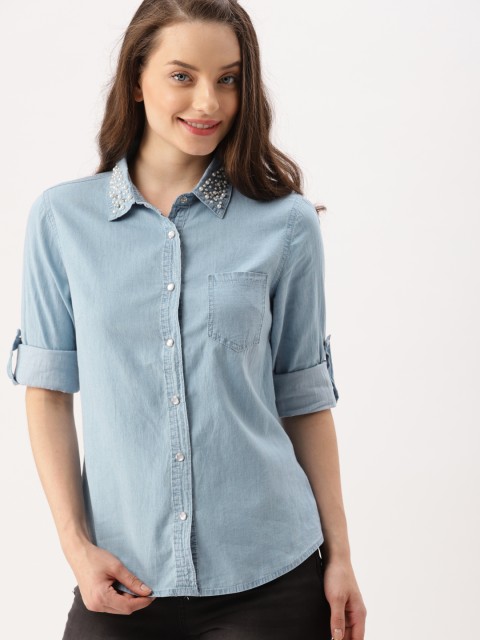 

DressBerry Women Blue Regular Fit Solid Chambray Casual Shirt