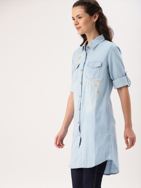 

DressBerry Women Blue Regular Fit Embroidered Chambray Longline Casual Shirt