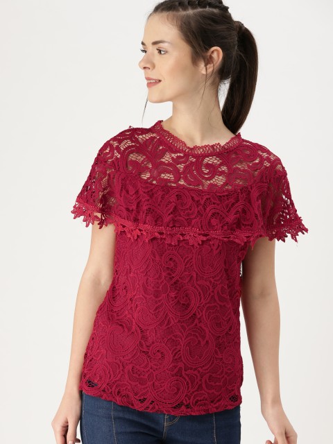 

DressBerry Women Red Self-Design Lace Detail Top