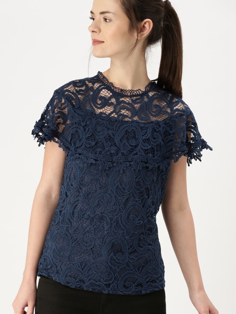 

DressBerry Women Navy Blue Self Design Lace Top