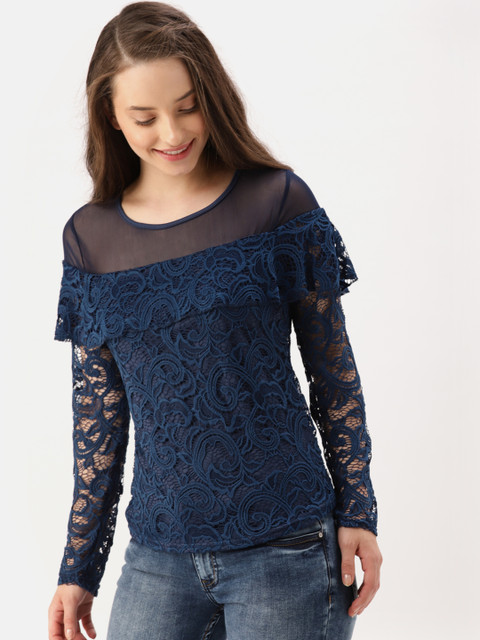

DressBerry Women Navy Self Design Lace Top, Navy blue