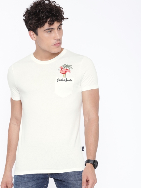 

Jack & Jones Men White Solid Round Neck T-shirt with Chest Pocket