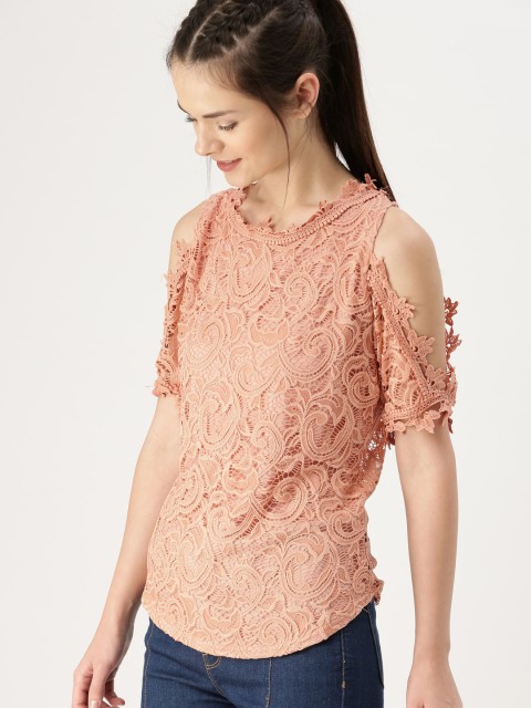 

DressBerry Women Peach-Coloured Self-Design Lace Top