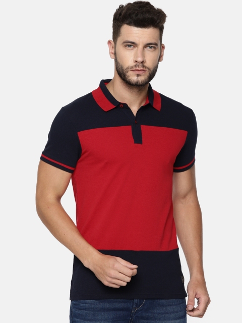 

Jack & Jones Men Red & Navy Blue Colourblocked Polo T-shirt