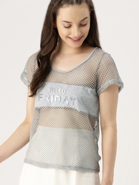 

DressBerry Women Grey Self Design Sheer Top
