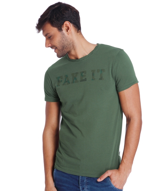 

Jack & Jones Men Olive Green Printed Round Neck T-shirt