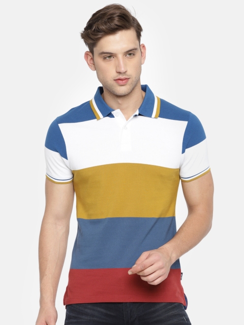 

Jack & Jones Men White, Mustard & Blue Striped Polo Collar T-shirt