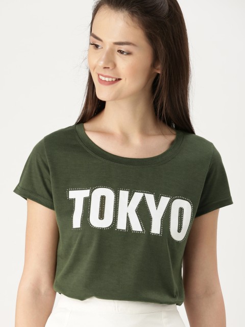 

DressBerry Women Olive Green Printed Round Neck T-shirt