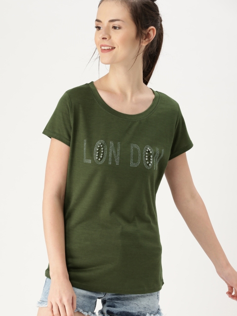 

DressBerry Women Olive Green Solid Round Neck T-shirt