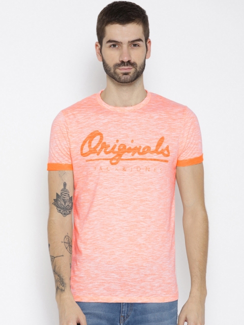 

Jack & Jones Men Coral Orange Printed Round Neck T-shirt