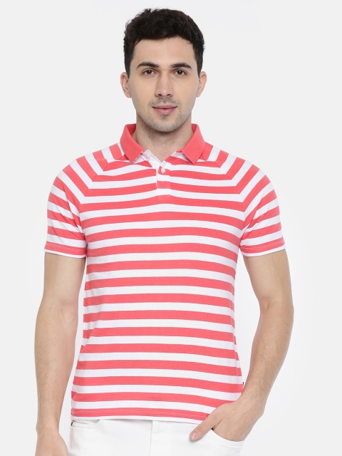 

Jack & Jones Men Pink & White Striped Polo Collar T-shirt