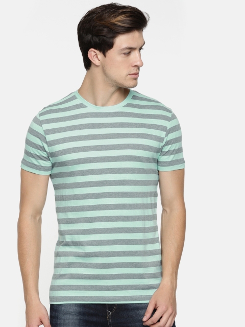 

Jack & Jones Men Grey & Sea Green Slim Fit Striped Round Neck T-shirt
