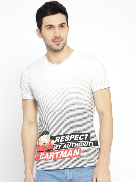 

Jack & Jones Men Off-White Striped Slim Fit V-Neck T-shirt