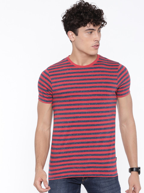 

Jack & Jones Men Red & Navy Striped Round Neck T-shirt