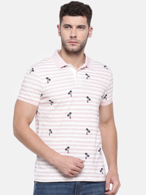 

Jack & Jones Men Pink Striped Polo Collar T-shirt