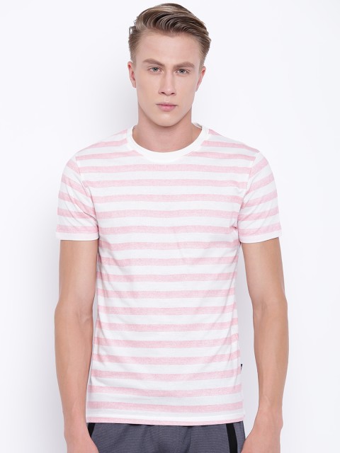 

Jack & Jones Men White & Pink Striped Round Neck T-shirt
