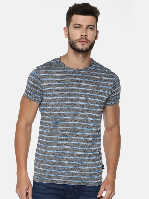 

Jack & Jones Men Grey & Blue Striped Round Neck T-shirt