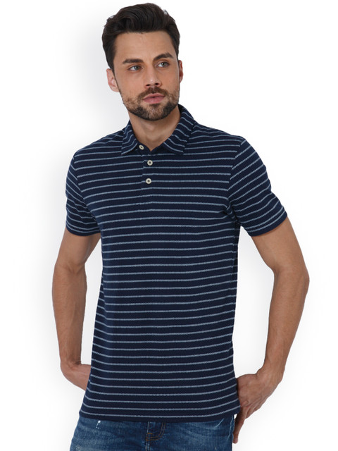 

Jack & Jones Men Navy & White Striped Polo Collar T-shirt, Navy blue
