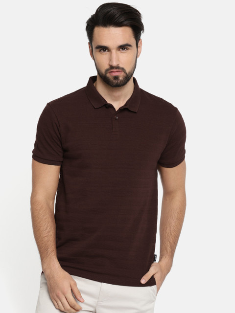 

Jack & Jones Men Burgundy Striped Polo Collar T-shirt