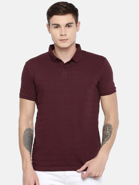 

Jack & Jones Men Burgundy Slim Fit Self Design Polo Collar T-shirt