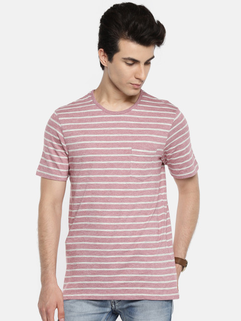 

Jack Jones Men Pink Grey Melange Striped Round Neck Pure Cotton T-shirt