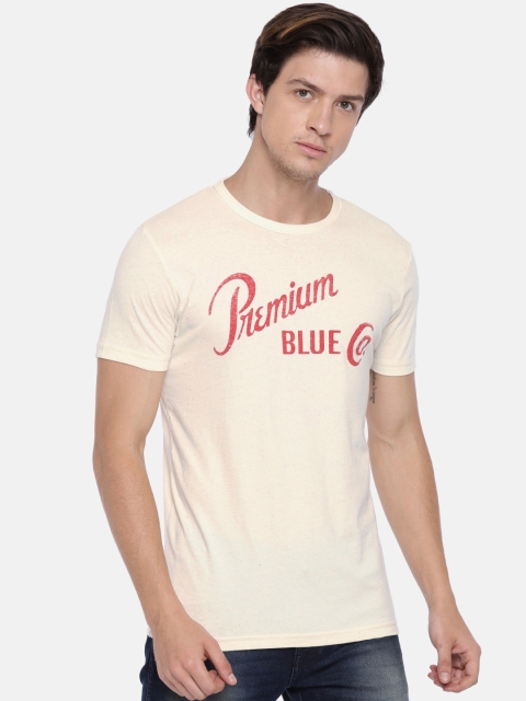 

Jack Jones Men Cream-Coloured Printed Round Neck Pure Cotton T-shirt