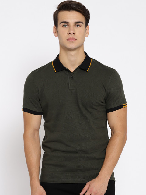 

Jack & Jones Men Olive Green Self Striped Polo Collar T-shirt