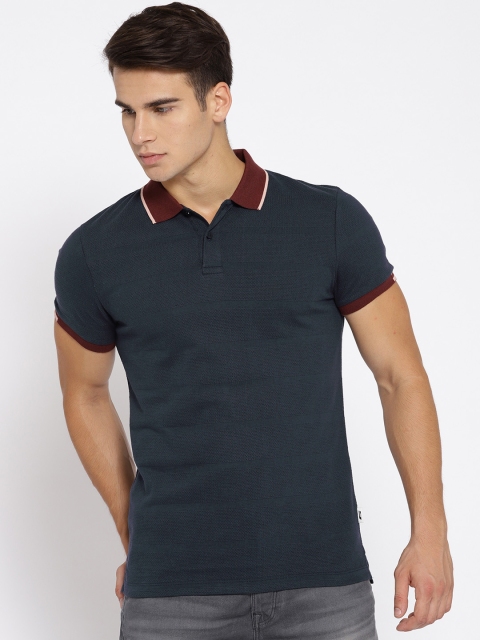 

Jack & Jones Men Navy Blue Self Striped Polo Collar T-shirt