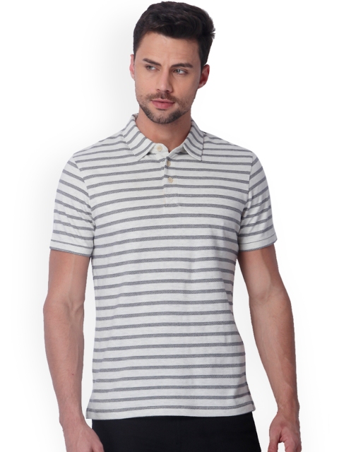 

Jack & Jones Men Off-White & Navy Blue Striped Polo Collar T-shirt