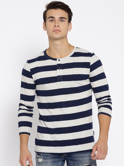 

Jack & Jones Men Navy Blue & Grey Melange Striped Henley Neck T-shirt