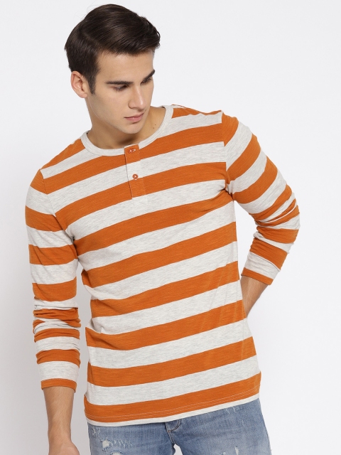 

Jack & Jones Men Grey Melange & Mustard Brown Striped Henley Neck T-shirt