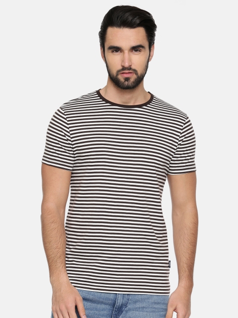

Jack & Jones Men White & Brown Striped Round Neck T-shirt