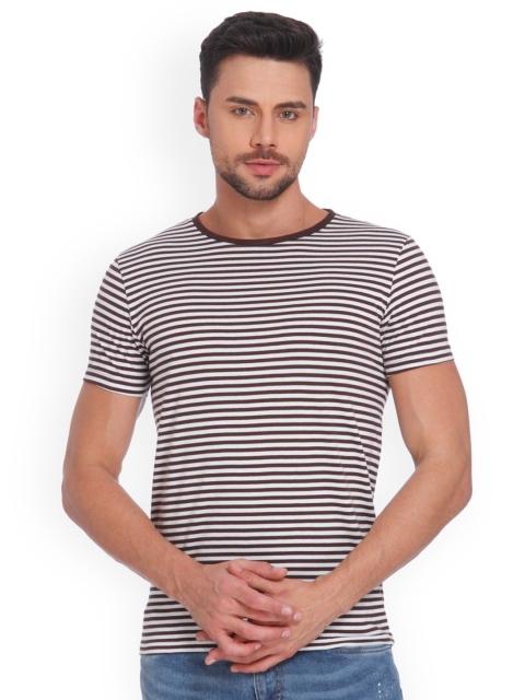 

Jack & Jones Men Coffee Brown & White Striped Round Neck T-shirt